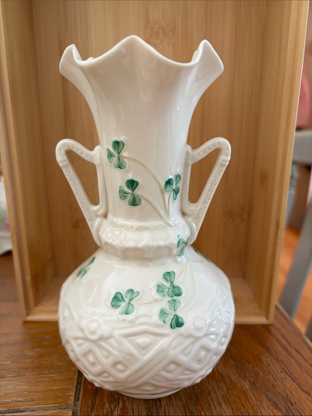 Belleek White Porcelain Bud Vase with Green Clover Motif